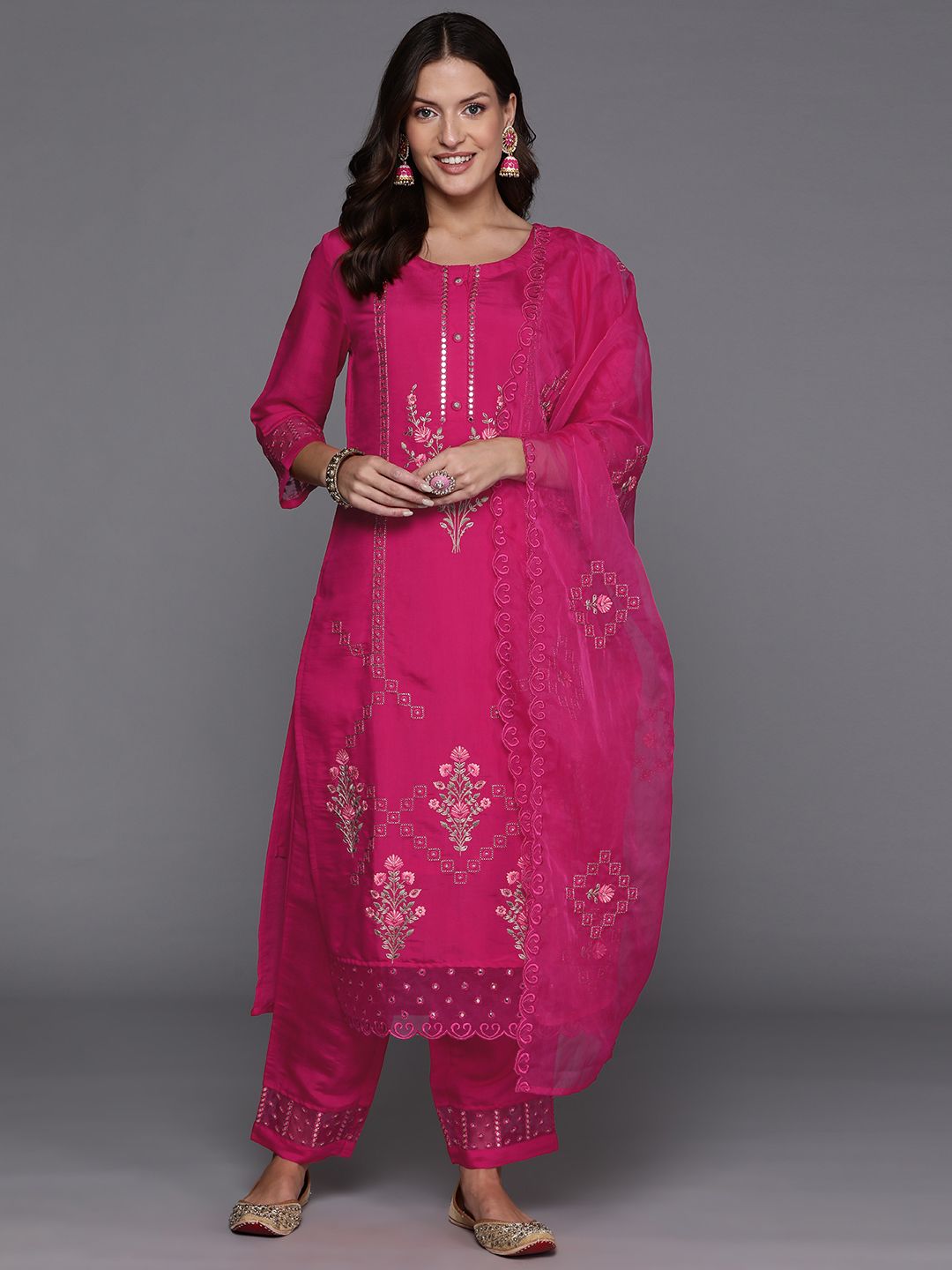 Indyancart IE Women Floral Embroidered Regular Mirror Work Kurta with Trousers & With Dupatta