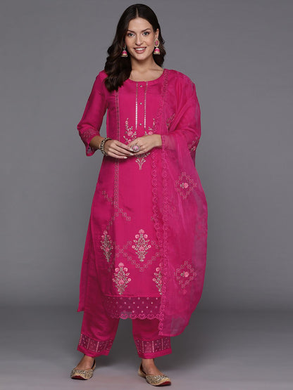 Indyancart IE Women Floral Embroidered Regular Mirror Work Kurta with Trousers & With Dupatta