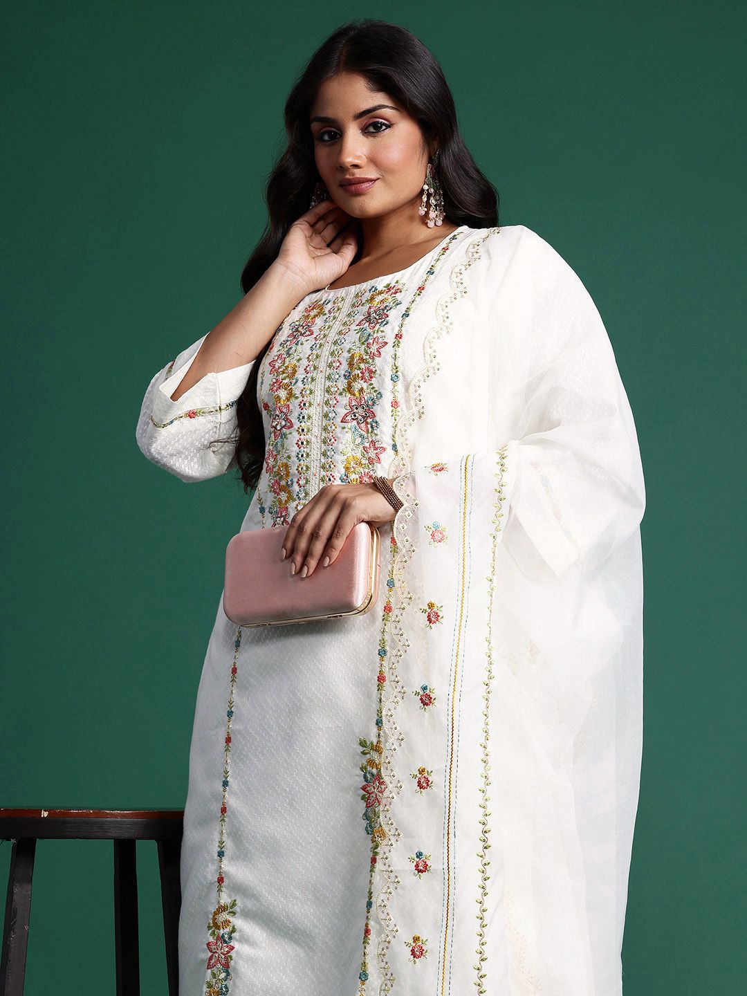 Plus Size Floral Embroidered Panelled Mirror Work Pure Cotton Kurta Set