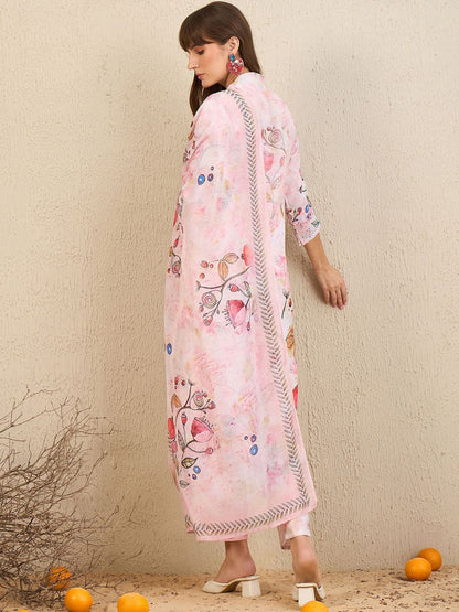 Indyancart IE Floral Printed V-Neck Chanderi Silk Straight Kurta With Trousers & Dupatta