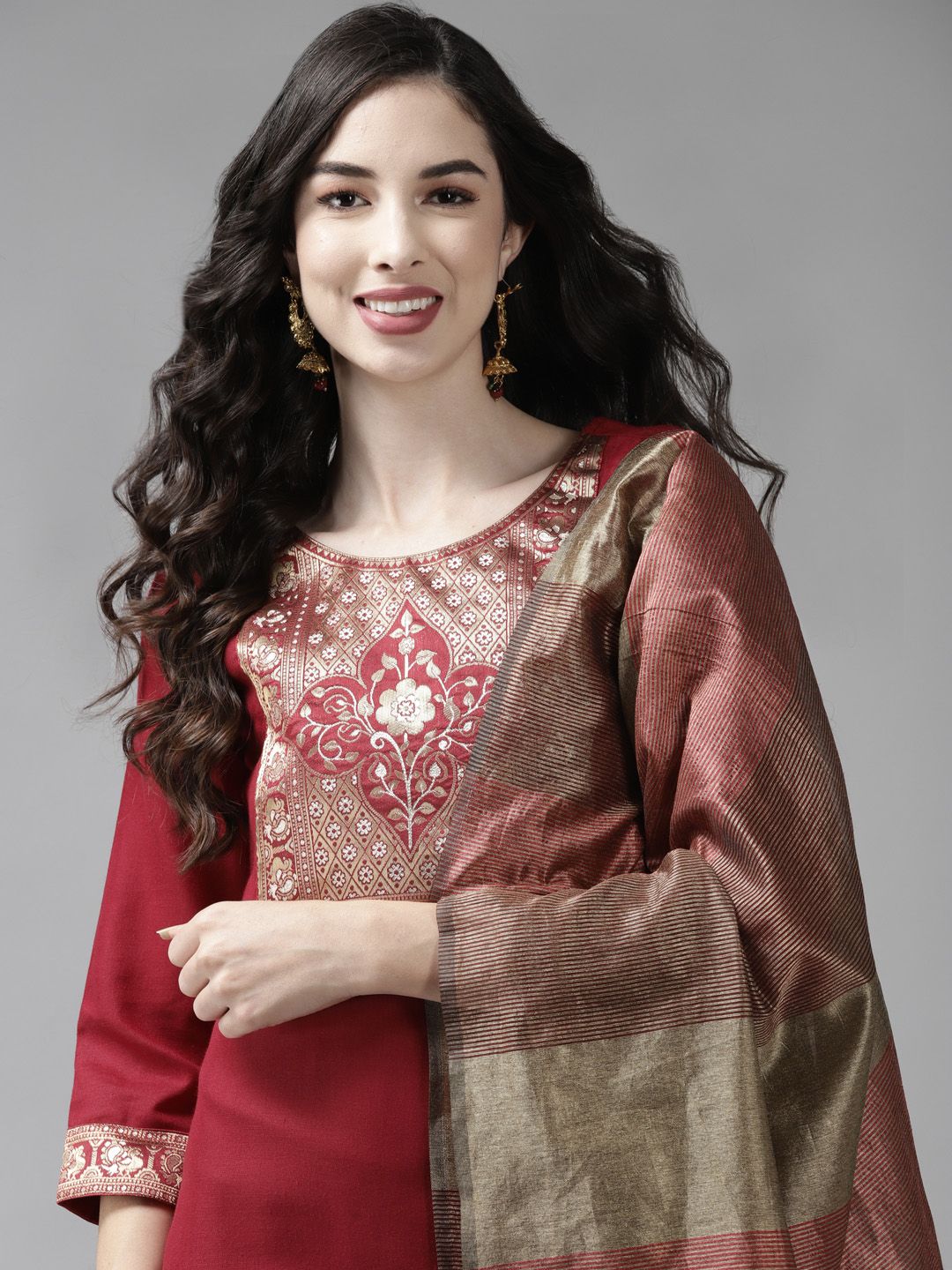 Dhiyona IE Women Maroon Yoke Design Regular Kurta with Palazzos & Dupatta