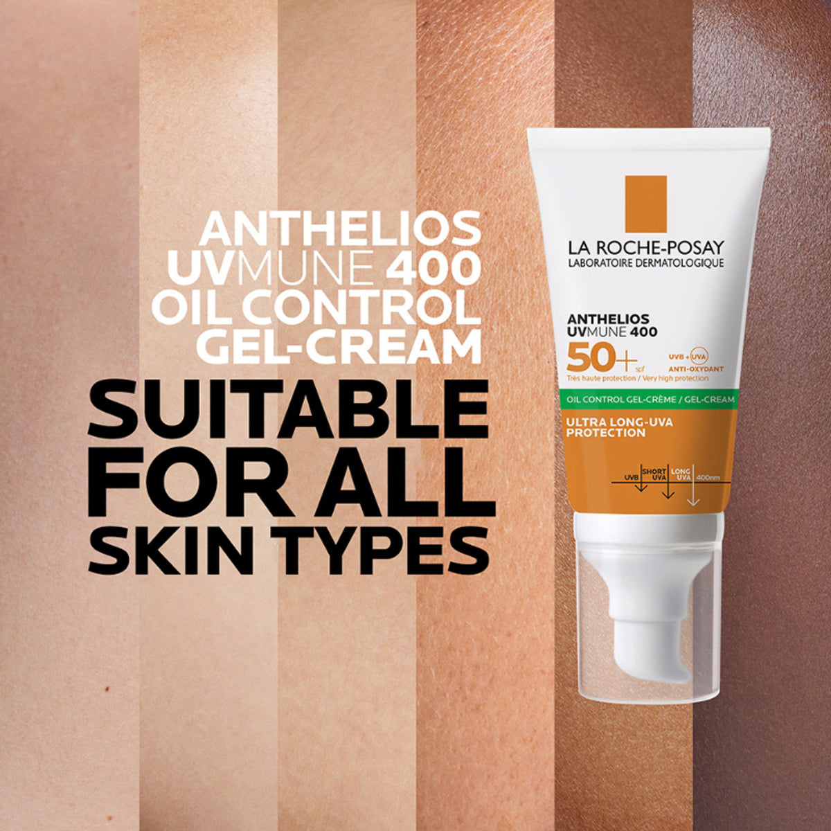 La Roche-Posay Anthelios UVMUNE400 Oil Control Gel Cream SPF50+ for oily, acne-prone skin, showing the sunscreen tube on a white background.