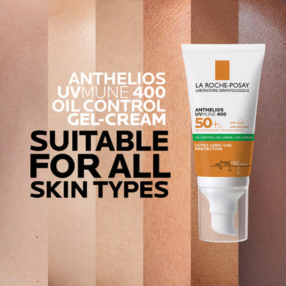 La Roche-Posay Anthelios UVMUNE400 Oil Control Gel Cream SPF50+ for oily, acne-prone skin, showing the sunscreen tube on a white background.