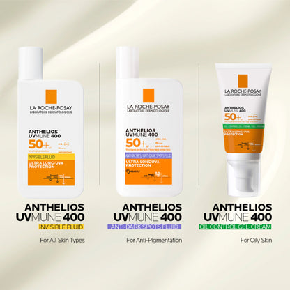 La Roche-Posay Anthelios UVMUNE400 Oil Control Gel Cream SPF50+ for oily, acne-prone skin, showing the sunscreen tube with product details.