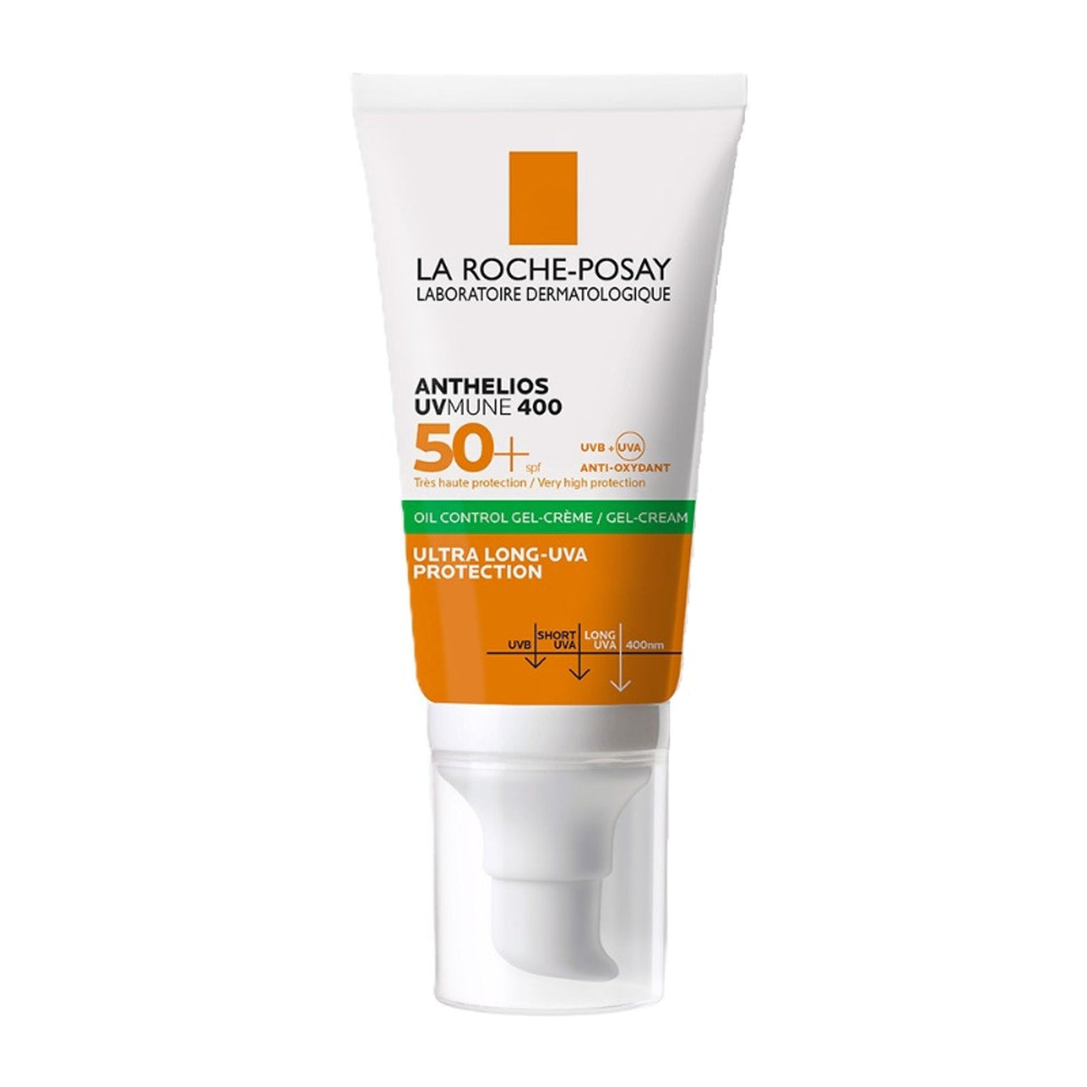 La Roche-Posay Anthelios UVMUNE400 Oil Control Gel Cream SPF50+ in a white tube with blue cap, suitable for oily, acne-prone skin