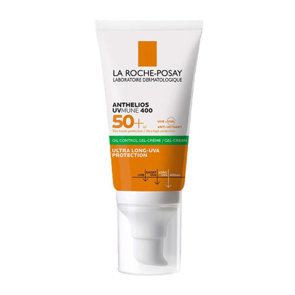 La Roche-Posay Anthelios UVMUNE400 Oil Control Gel Cream SPF50+ in a white tube with blue cap, suitable for oily, acne-prone skin