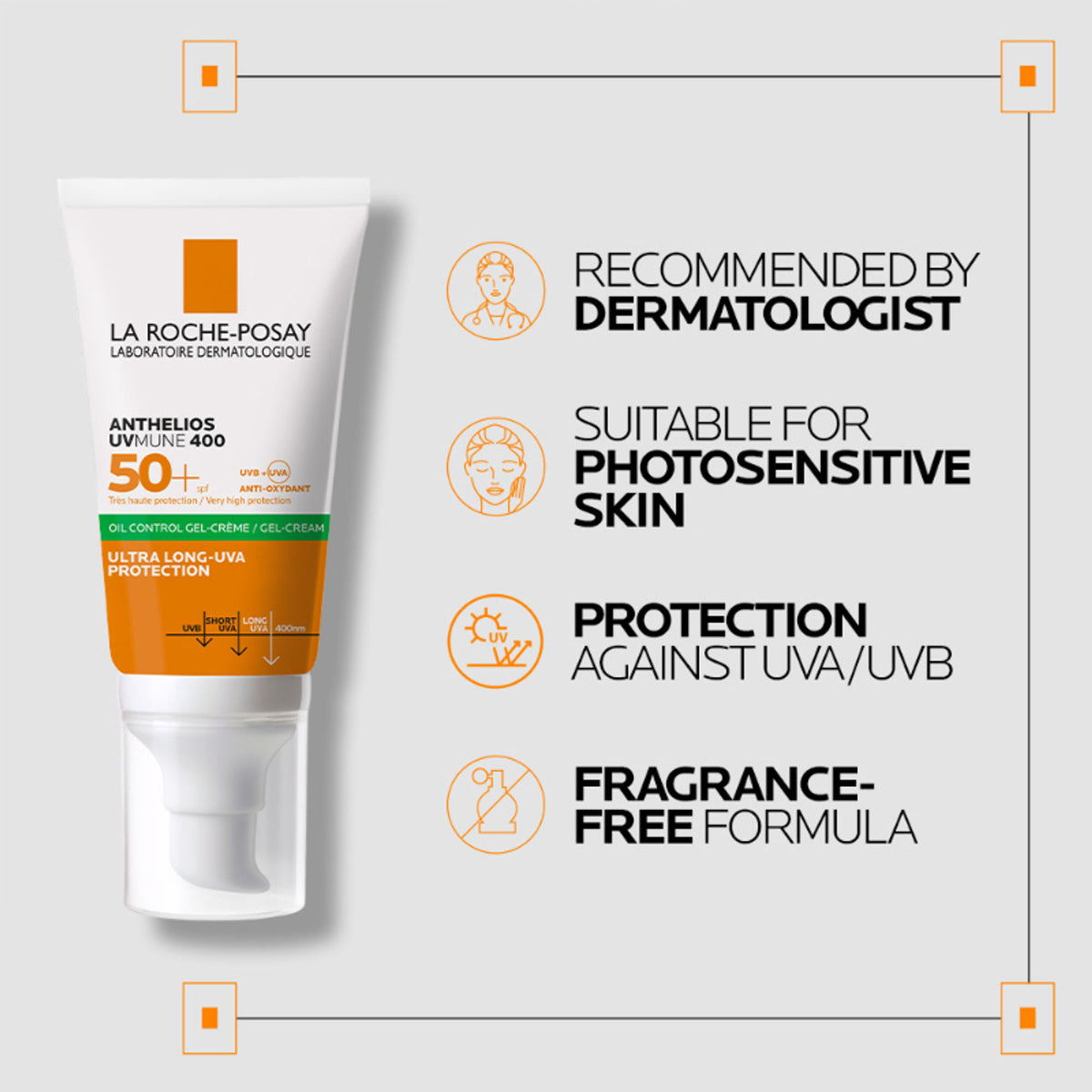 La Roche-Posay Anthelios UVMUNE400 Oil Control Gel Cream SPF50+ for oily, acne-prone skin, showing the sunscreen tube on a white background.