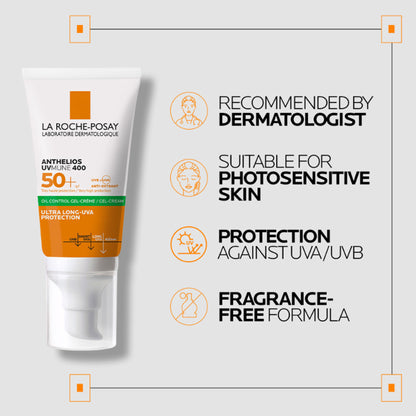 La Roche-Posay Anthelios UVMUNE400 Oil Control Gel Cream SPF50+ for oily, acne-prone skin, showing the sunscreen tube on a white background.