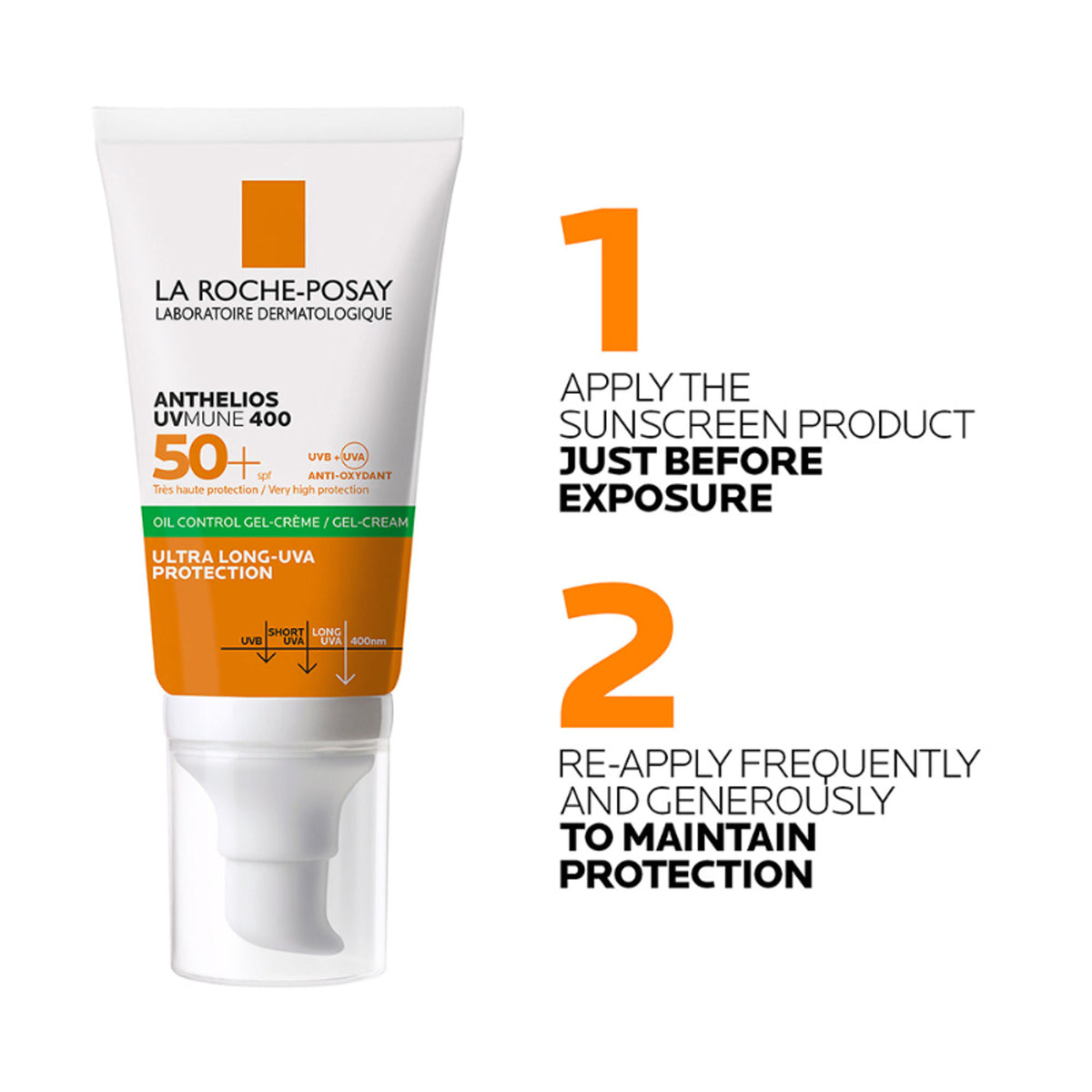 La Roche-Posay Anthelios UVMUNE400 oil control gel cream SPF50+ for oily, acne-prone skin, showing the sunscreen tube on a white background.