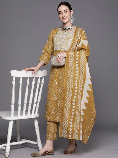 Dhiyona IE Ethnic Motifs Embroidered Pure Cotton Straight Kurta With Trousers & Dupatta