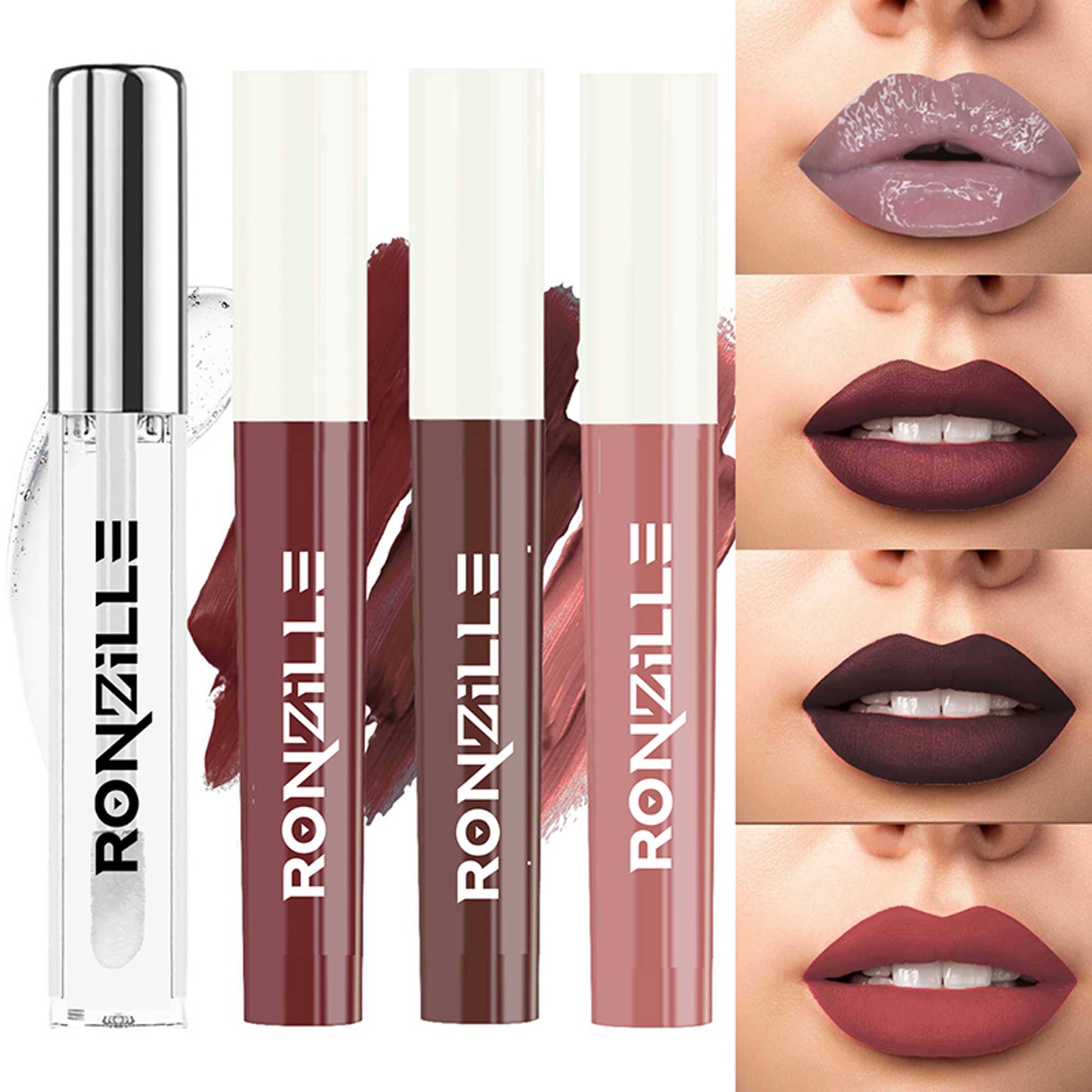 Ronzille Non Transfer Matte Liquid Lipstick Plus Lip Gloss - Nudes And Browns Pack Of 4