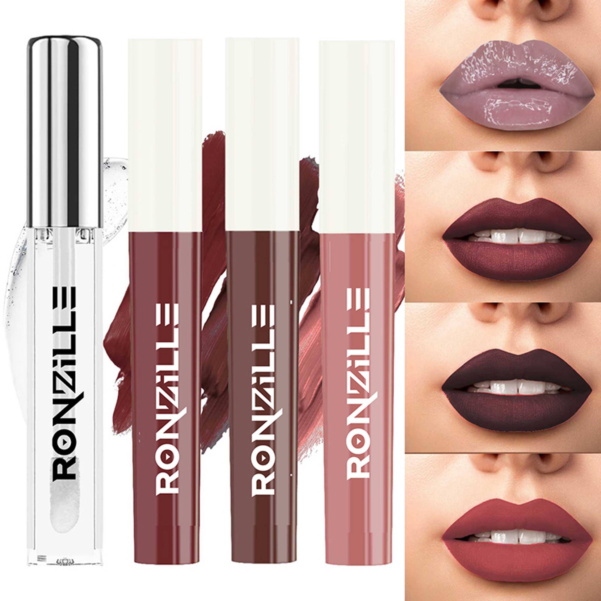Ronzille Non Transfer Matte Liquid Lipstick Plus Lip Gloss - Nudes And Browns Pack Of 4