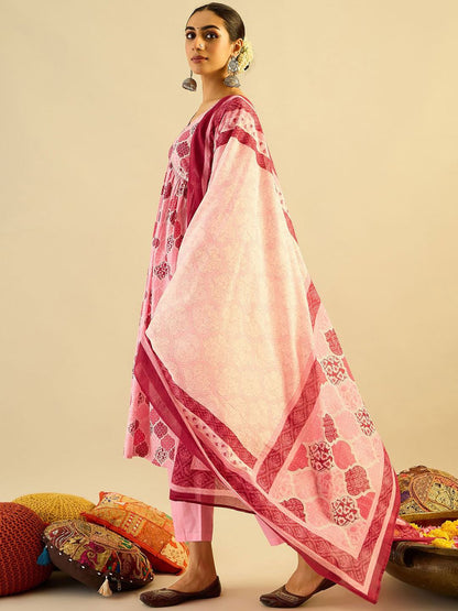 Printed Mirror Work Pure Cotton Kurta With Trousers & Dupatta
