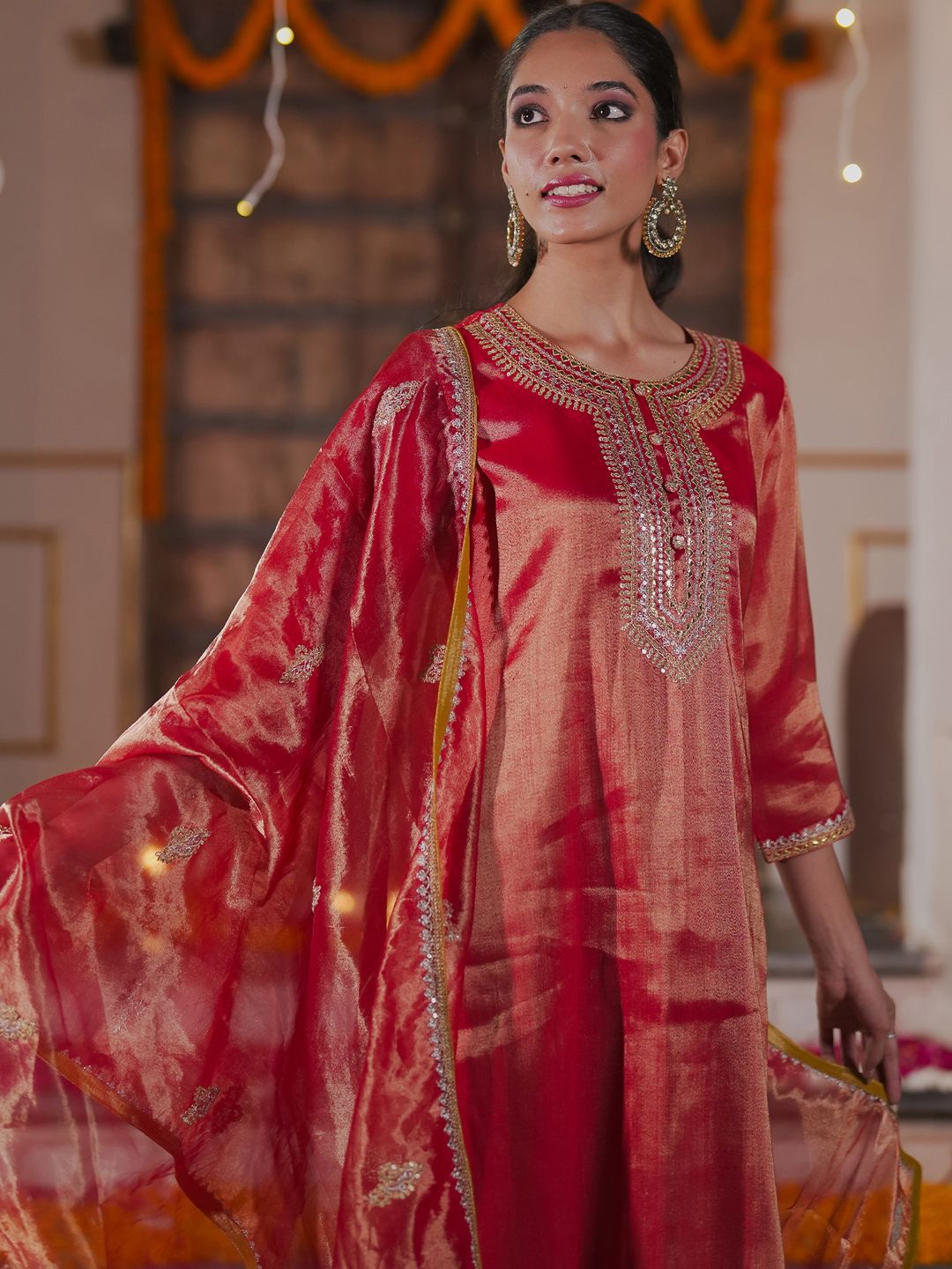 Women Ethnic Motifs Embroidered Sequinned Liva Kurta with Trousers & With Dupatta
