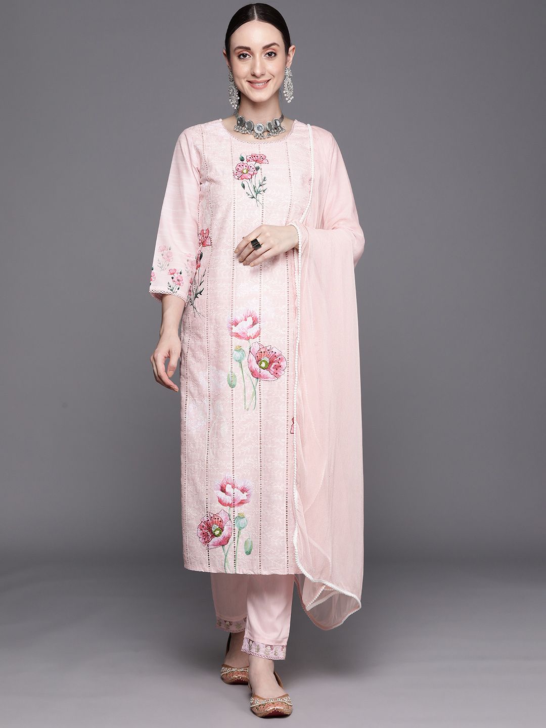 Indyancart IE Floral Embroidered Regular Thread Work Pure Cotton Kurta With Trousers & Dupatta