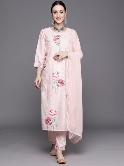 Indyancart IE Floral Embroidered Regular Thread Work Pure Cotton Kurta With Trousers & Dupatta