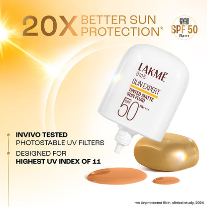 Lakme Sun Expert Tinted Matte Fluid SPF 50 Sunscreen with 1% Ceramide for Barrier Repair - Bronze