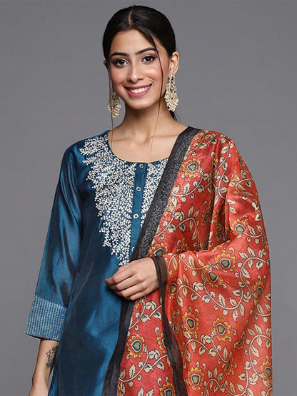 Indyancart VA Women'sYoke Design Zari Work Chanderi Silk Straight Kurta with Trouser & Dupatta