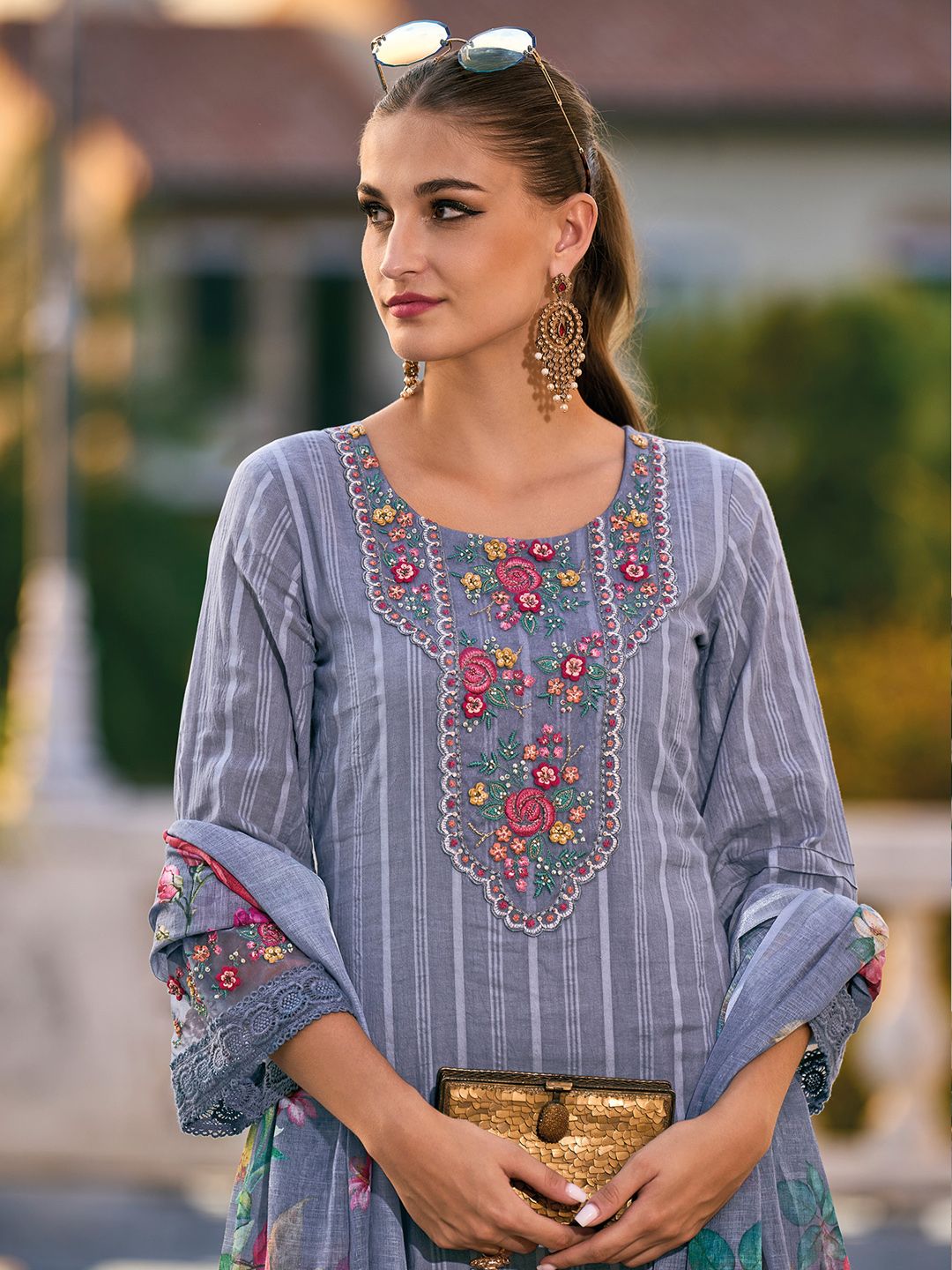 Indyancart IE Grey Floral Embroidered Thread Work Pure Cotton Kurta with Trousers & Dupatta