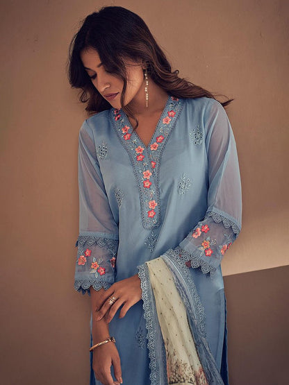 Blue Floral Embroidered Thread Work Straight Kurta With Trousers & Dupatta
