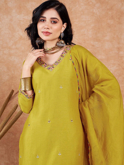 Indyancart SN Women's Ethnic Motifs Embroidered V-Neck Kurta & Trousers With Dupatta