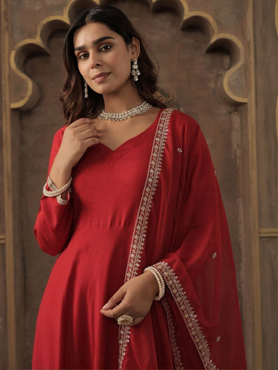 Indyancart IE Liva Sweetheart Neck Anarkali Kurta With Trousers & Dupatta