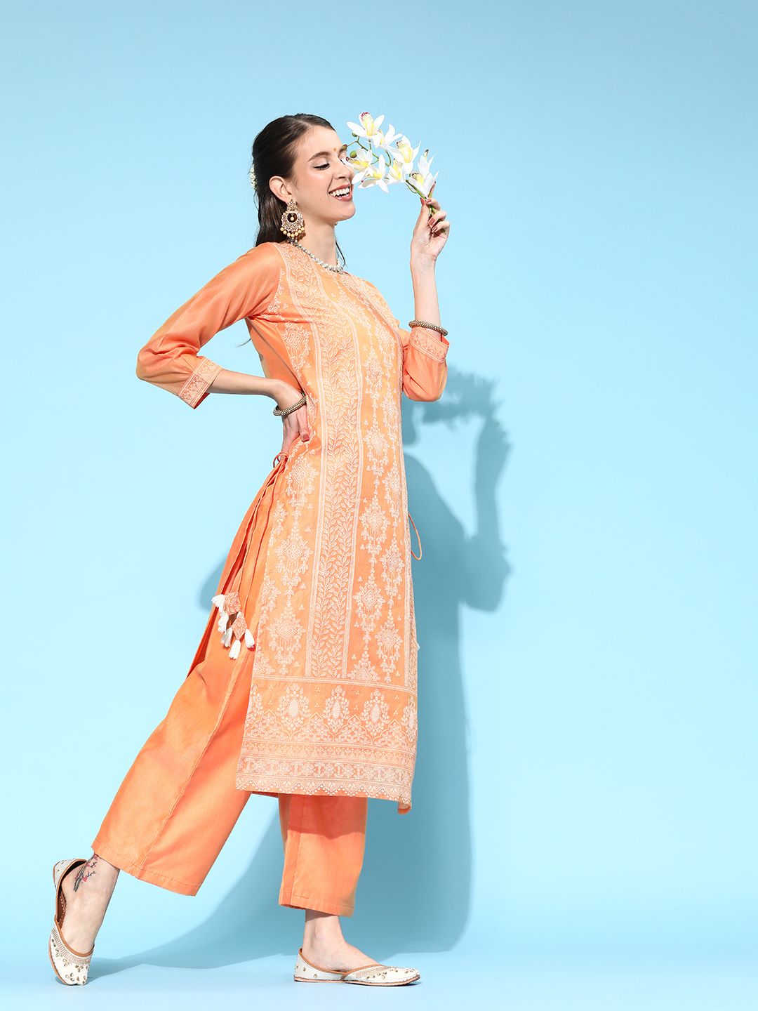 Indyancart IE Floral Chanderi Silk Kurta Set