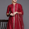 Dhiyona IE Women Striped High Slit Thread Work Liva Kurta With Trousers & Dupatta