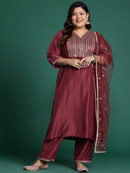 Indyancart IE Plus Size Ethnic Motifs Embroidered Sequinned Kurta With Trousers & Dupatta