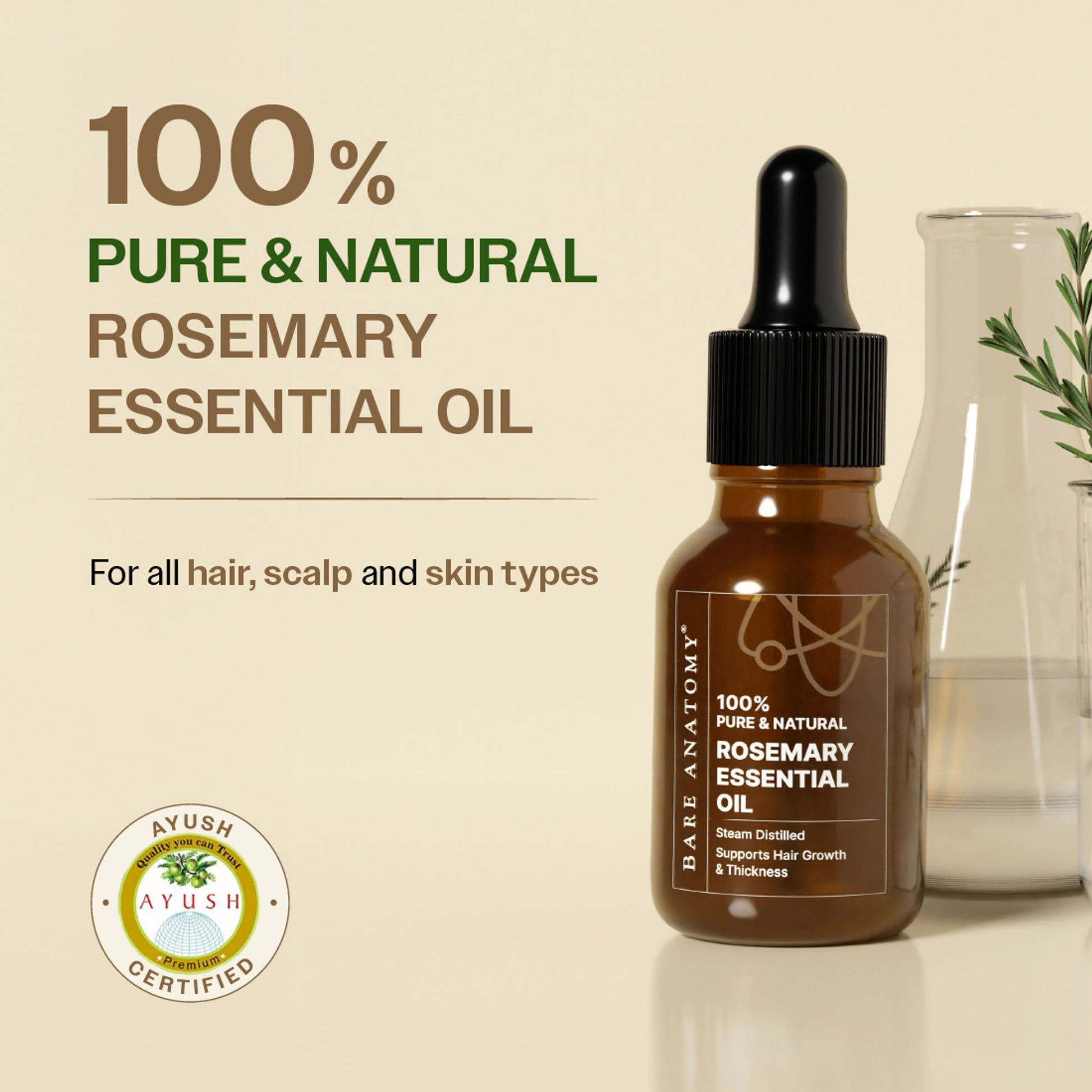 Bare Anatomy 100% Pure & Natural Rosemary Essential Oil for Hair Growth & Thickness