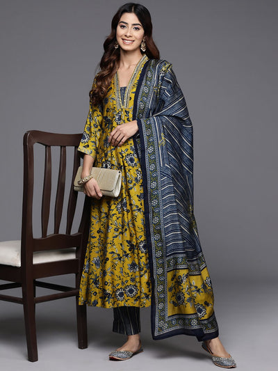 Indyancart VA Women'sFloral Printed Sequinned Chanderi Silk Straight Kurta With Trouser & Dupatta
