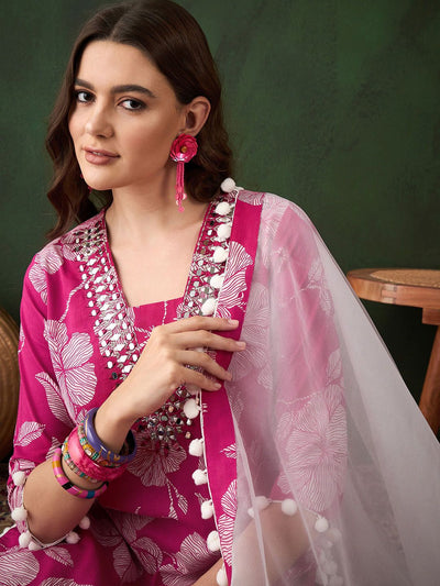 Indyancart SN Women's Pink Floral Printed Mirror Work Straight Kurti With Dhoti Pants & Dupatta