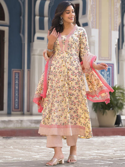 Indyancart VA Women'sFloral Printed Pure Cotton Empire Anarkali Kurta With Trouser & Dupatta