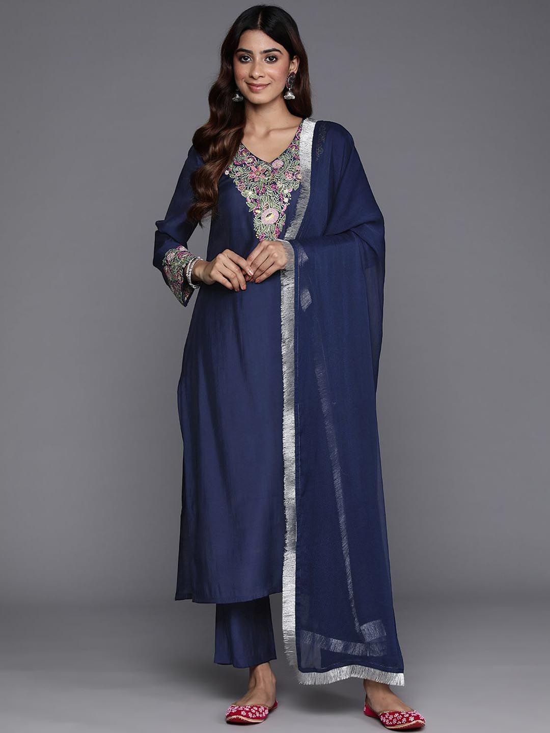 Indyancart VA Women's Floral Embroidered Thread Work Straight Kurta & Trousers With Dupatta