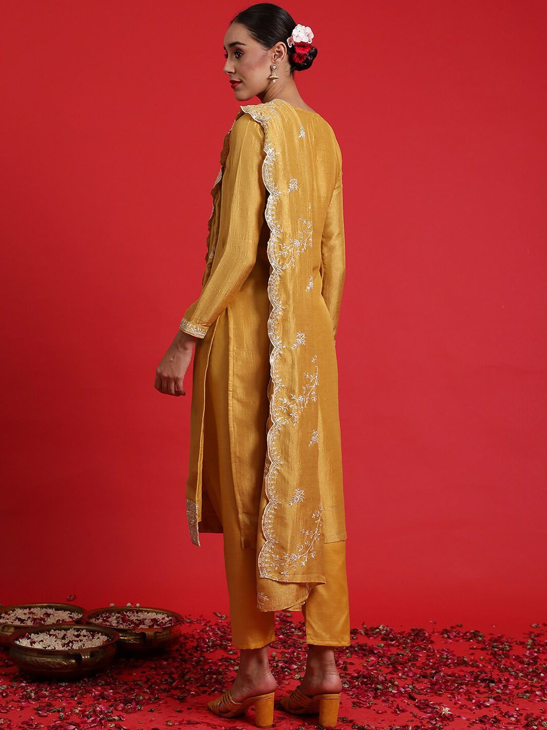 Dhiyona IE Floral Embroidered Sequinned Kurta With Trousers & Dupatta