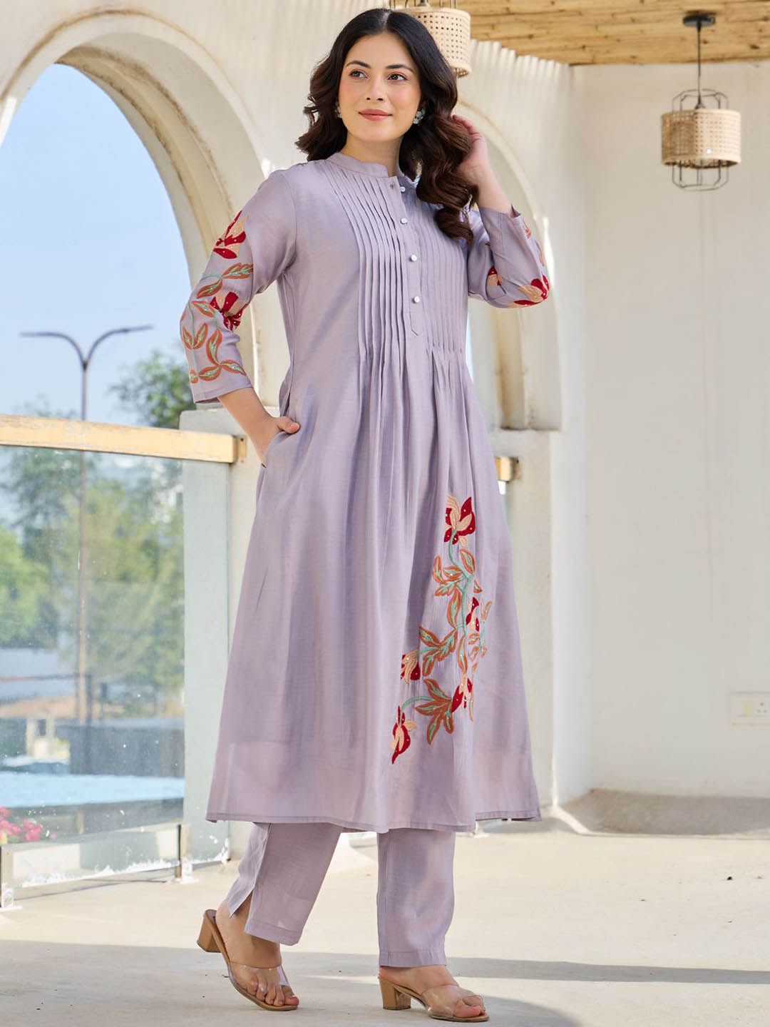 Dhiyona IE Floral Embroidered Pure Cotton Tunic With Trousers Co-Ords