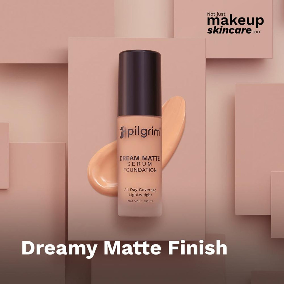Pilgrim Dream Matte Serum Foundation in Natural Almond 225 with hyaluronic acid, featuring a hydra-light finish and smooth texture.