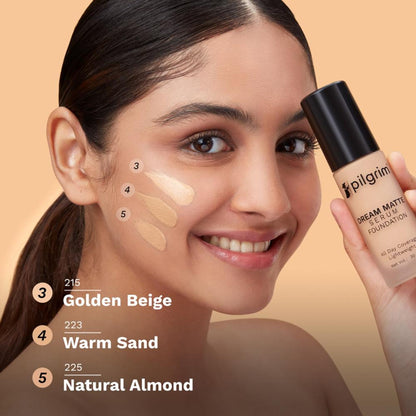 Pilgrim Dream Matte Serum Foundation in Natural Almond 225 with hyaluronic acid, featuring a hydra-light matte finish.