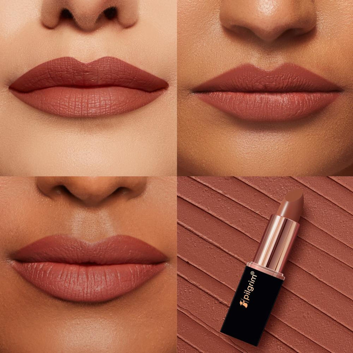Pilgrim Matte Me Up Velvet Bullet Lipstick in shade 05 Nude Mystery, soft, transferproof, and smudgeproof lipstick on a neutral background.