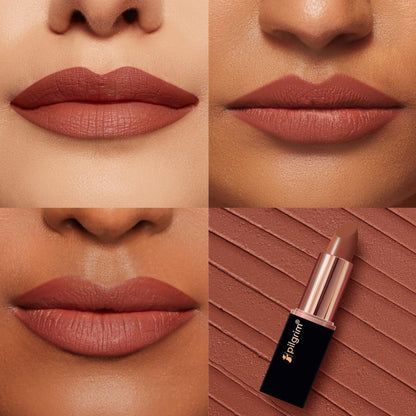 Pilgrim Matte Me Up Velvet Bullet Lipstick in shade 05 Nude Mystery, soft, transferproof, and smudgeproof lipstick on a neutral background.