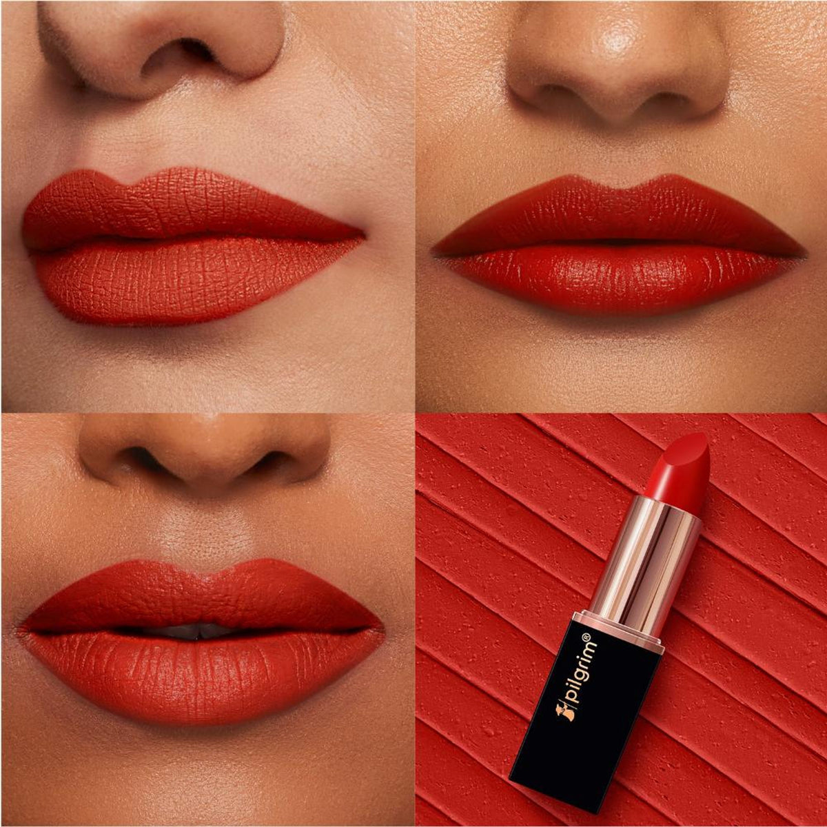 Pilgrim Matte Me Up Velvet Bullet Lipstick in Flamin' Red, soft transfer-proof and smudgeproof lipstick with vibrant red color.