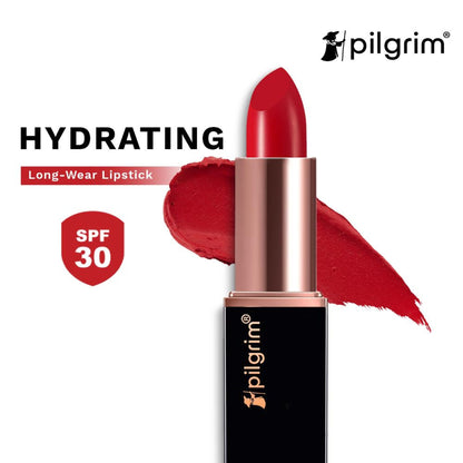 Pilgrim Matte Me Up Velvet Bullet Lipstick in Untamed Red, soft transferproof and smudgeproof, shown in a sleek lipstick tube.