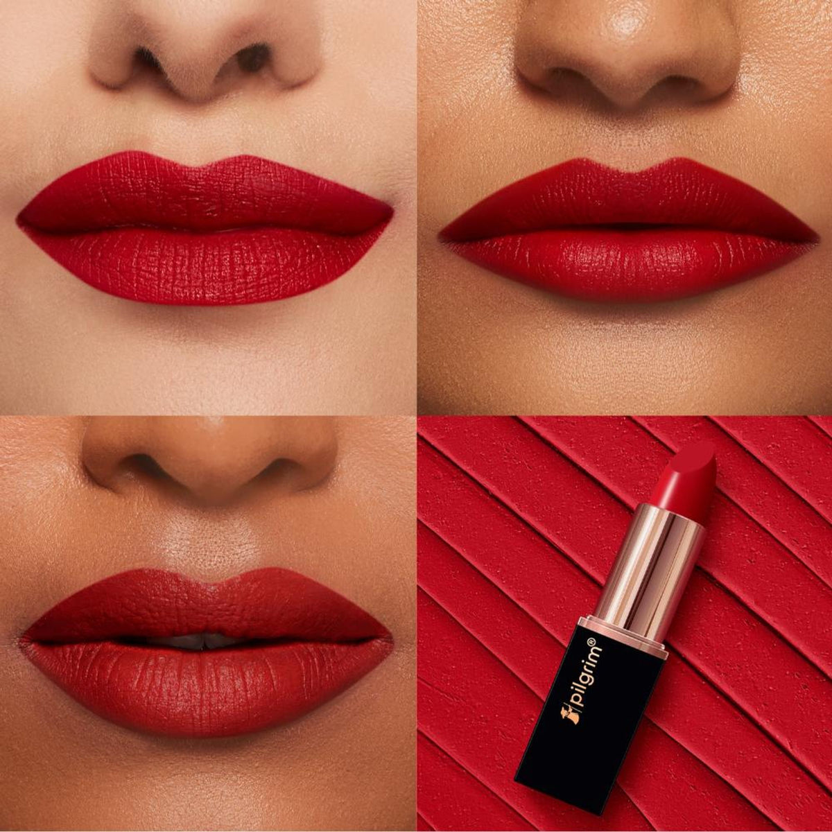 Pilgrim Matte Me Up Velvet Matte Bullet Lipstick in shade 22 Untamed Red, soft transferproof and smudgeproof lipstick on a model