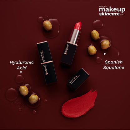 Pilgrim Matte Me Up Velvet Bullet Lipstick in 22 Untamed Red, soft transferproof and smudgeproof red lipstick on a model's lips.