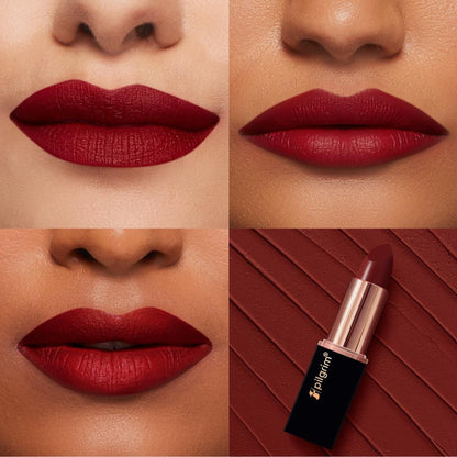 Pilgrim Matte Me Up Velvet Bullet Lipstick in shade 23 Maroon Affair, soft, transfer-proof, and smudgeproof lipstick displayed on a model