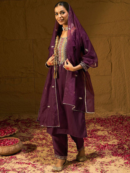 Indyancart IE Burgundy Floral Embroidered Straight Kurta with Trousers & Dupatta