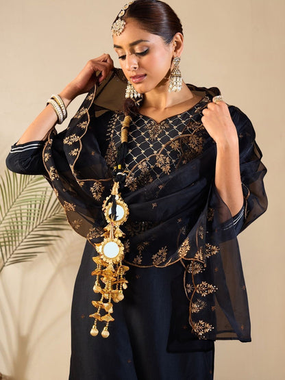 Women Ethnic Motifs Embroidered Regular Thread Work Liva Kurta with Trousers & With Dupatta