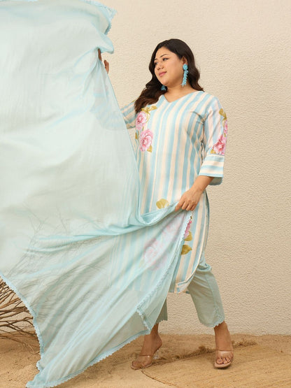 Indyancart Women's Floral Printed Regular Kurta with Trousers & With Dupatta
