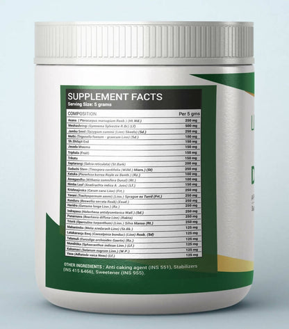 Livestamin Diastamin herbal supplement powder in a clear container, with the powder visible inside on a white background.