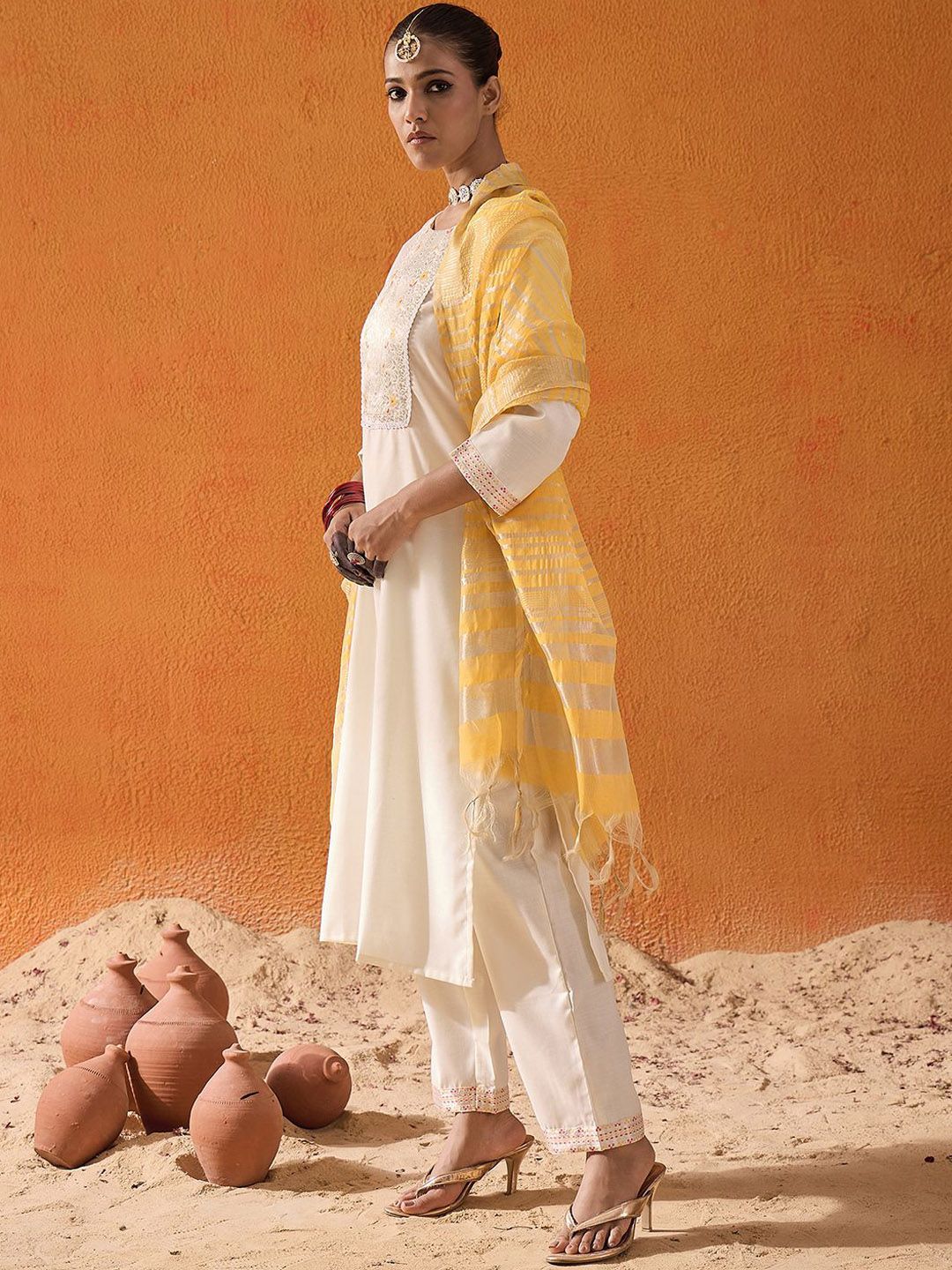 Indyancart IE Floral Yoke Design Zari Pure Cotton Straight Kurta With Trousers & Dupatta